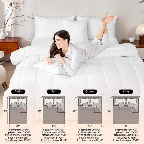 Feelyou White Pink Striped Comforter Set with Sheets 7 Piece Full Size Striped Bed in a Bag Kids Boys Girls Bedding Set Basic Simple Bedroom Decor Breathable Soft Lightweight Microfiber