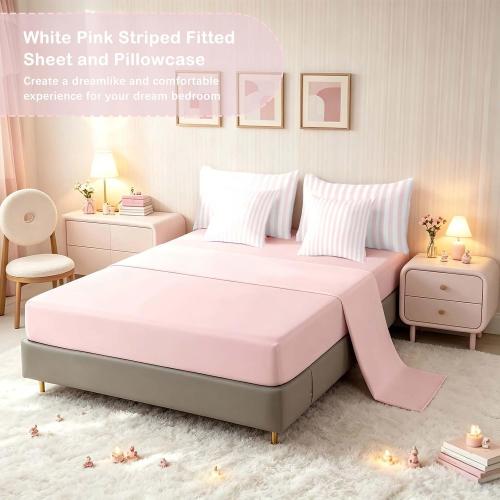 Feelyou White Pink Striped Comforter Set with Sheets 7 Piece Full Size Striped Bed in a Bag Kids Boys Girls Bedding Set Basic Simple Bedroom Decor Breathable Soft Lightweight Microfiber