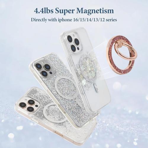 Magnetic Phone Ring for MagSafe Grip [Super Magnet] Gold Twinkle Design Ring Holder Stand, magsafe pop Socket (Rose Gold)