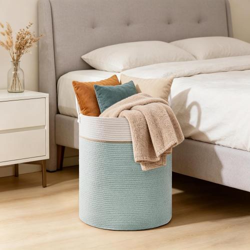 100L Extra Large Tall Cotton Rope Laundry Basket with Handles, Sage Green