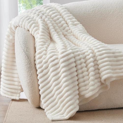 BEDELITE Fleece Throw Blanket for Couch - 300GSM Soft & Warm Fluffy Cream White Blanket, Decorative and Giftable Striped Blankets for Women, Men, 50x60