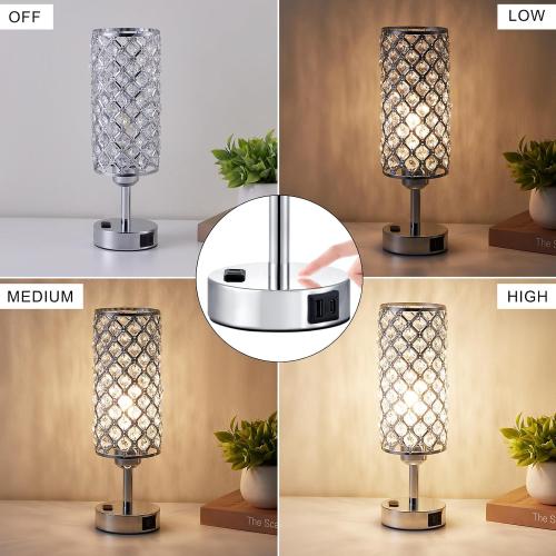 Silver Crystal Lamps Set of 2, 3-Way Dimmable Touch Lamps for Nightstand