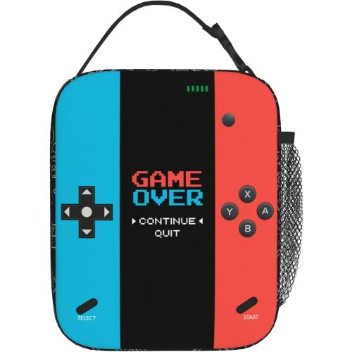Game Insulated Lunch Box,Game Console Kids Lunch Bag For Boys Girls,Reusable Portable Kids Boys Gamer School Lunch Box With Detachable Handle (Game Neon Red & Blue)
