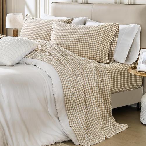 PURE ERA Tan Gingham Sheets Set 100% Washed Cotton Linen Like Twin Size
