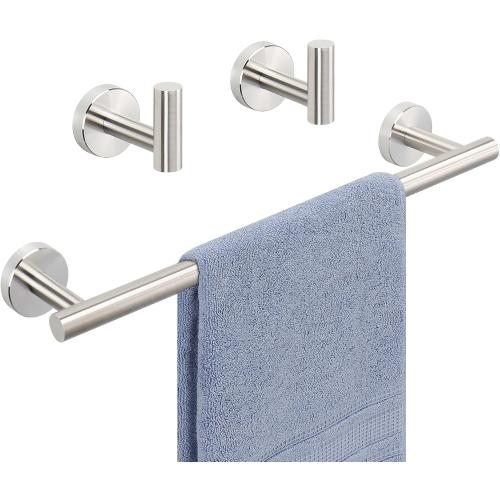 Livabber 3 Pieces Bathroom Accessories Set, 304 Stainless Steel Bath Hardware Kit with 16” Towel Bar   2 Robe Hooks, Wall Mounted Towel Rack for Kitchen, Shower Room (Brushed Nickel)