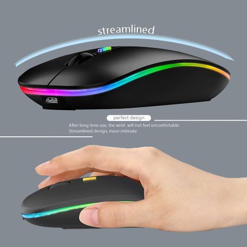 Wireless Bluetooth Mouse Rechargeable Laptop Mice with LED Lights Silent Slim Use(BT5.2 and 2.4G Portable USB) Dual Mode Computer Mouse for Laptop/iPad/Tablet/Apple/Computer/Mac (Black)