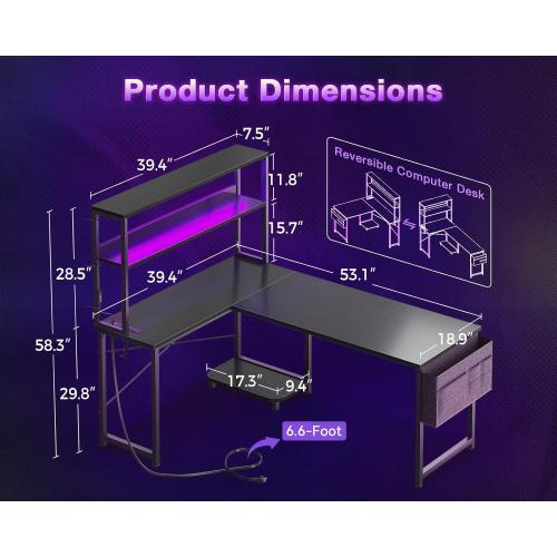 ODK 53 L Shaped Gaming Desk with Shelves, LED & Outlets, Black