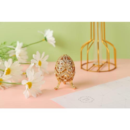 Faberge Egg Jewelry Trinket Box with Hinged Classic Hand-Painted Ornaments Metal Vintage Craft Gift for Home Decor, Gold