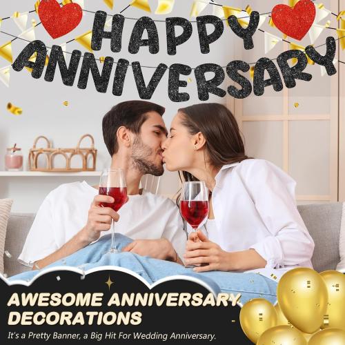 Fulmoon Happy Anniversary Banner Glitter Pre Strung No Dly, Black