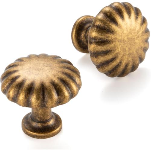 Round Antique Brass Cabinet Knobs 1-1/4 Inch 10 Pack K2408