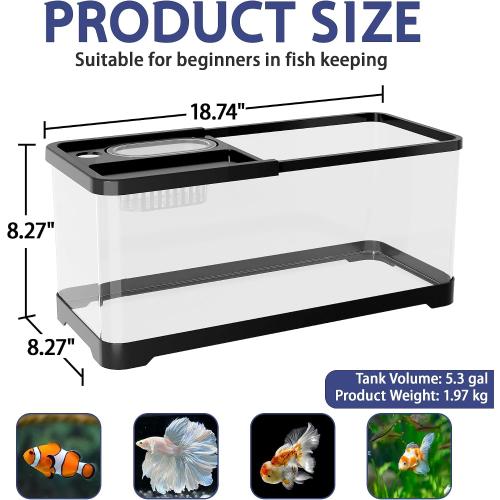 5.3 Gallon Fish Tank, Betta Fish Tank, Starter Kit, Aquarium for Beginner | LED Full Spectrum 3 Color Light, 3 Modes Filter, Hydroponic Basket, Fishing Net, Shells, Aquatic Plant, Coral, Pebbles