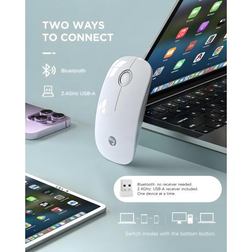 RAPIQUE Bluetooth Wireless Mouse, BT5.1＆ 2.4G Slim Dual Mode, White