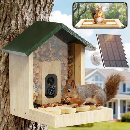 Wooden Squirrel Feeder with Camera, Solar-Powered, 2K HD  Video | Cloud Storage, Large Capacity, Ideal for Squirrel Lovers