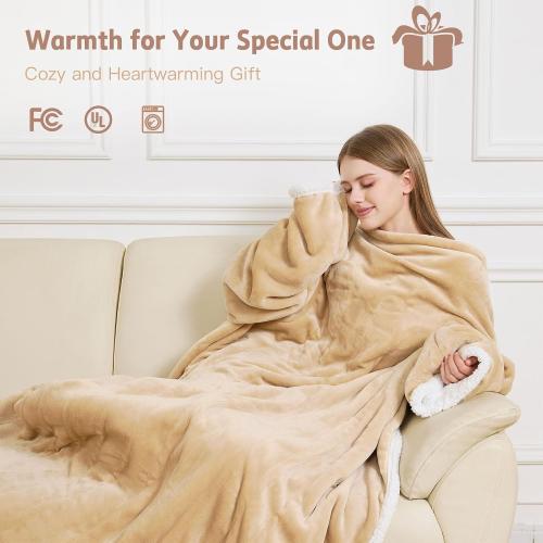 Heated Blanket, 55×80 Wearable Electric Blanket with Sleeves, Sherpa Snuggle Throw Blanket, Warm Gift for Grandma, Mom, Dad, (Camel)