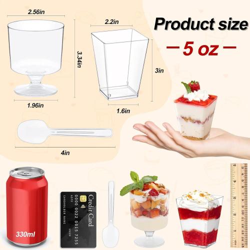 320-Pack Dessert Cups with Spoons 5 oz Mini Plastic Dessert Cups for Party Yogurt Parfait Jello Fruit Appetizer Cocktail Small Clear Reusable Square and Round Goblet-Shaped Dessert Bowls Shot Glasses