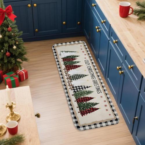 Farmhouse Christmas Kitchen Mats for Floor, Rustic Barn Trees Soft Mats, Holiday Cushioned Non Slip Washable Decor Rugs for Kitchen Sinks Bathroom 16x47 Inch