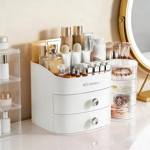 Makeup Organizer Countertop with Drawers, Make up Organizers for Vanity, Skincare Jewelry Earring Organizers, Cosmetic Display Cases Makeup Storage for Bedroom & Bathroom, Ideal Gifts for Women(White)