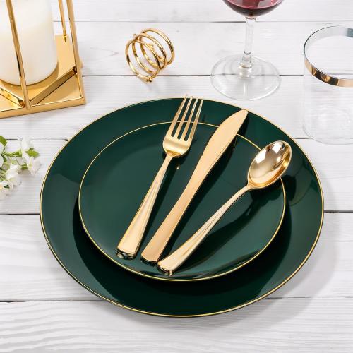 Green and Gold Plastic Plates 10.25″ Disposable Dinner Plate
