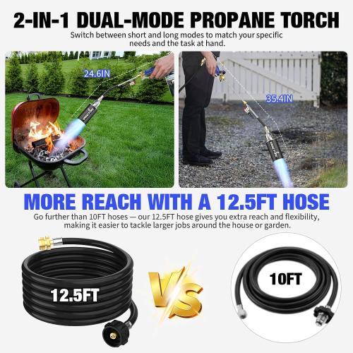 Propane Torch Weed Burner Kit with Storage Bag,35.4 High Output Blow Torch with Long/Short Mode & 12.5FT Hose,Heavy Duty Flamethrower with Turbo Trigger for Weeding,Asphalt Melting,Ice Snow Melting