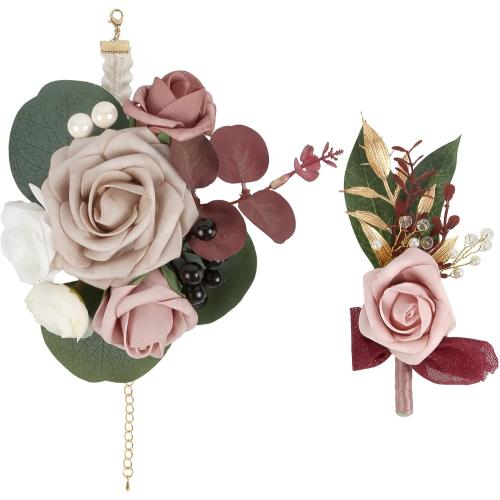 2Pcs Wedding Corsage and Boutonniere Set Dusty Pink Rose Corsage Wristlet and Boutonniere for Men Women Groom Bride Bridesmaid Groomsmen Wedding Party Accessory Prom Decoration (Dusty Pink)