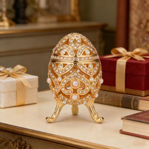 Faberge Egg Jewelry Trinket Box with Hinged Classic Hand-Painted Ornaments Metal Vintage Craft Gift for Home Decor, Gold