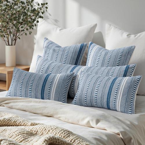 ANRODUO Pack of 2 Boho Throw Pillow Covers 24x24 Inch Farmhouse Decorative Couch Pillow Cases Jacquard Cushion Cover Neutral Accent Pillows of Bed Sofa Bedroom Living Room Home Decor, Navy Blue