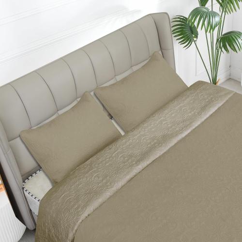 Easy-Going Reversible Quilt Set Full/Queen, Bedspread with 2 Shams | Damask-Beige/Beige, Lightweight Microfiber Bed Comforter, 1 Quilt   2 Pillow Shams, All-Season Coverlets for Bedroom