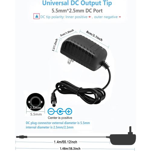 DC 12Volt 2A Power Supply Adapter 24W AC DC Wall Adapter 100-240V AC to DC 12V 2A 1.5A Power Adapter Cord Converter with 5.5mm x 2.5mm Compatible with 5.5x2.1mm Tip 12V ac/dc Transformer