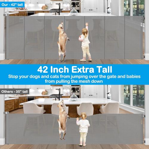 Reinforced 42 Extra Tall X 120 Extra Wide Retractable Dog Gate for Doorways Wide Pet Gate Indoor Prevent Kid/Pet Jumping Over Tall Retractable Baby Gates for Dogs Outdoor Dog Gates for Doorways,Gray