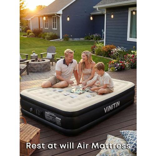 Queen Air Mattress with Built-in Pump, 16 Elevated Inflatable Bed for Home & Guests, Self-Inflating Blow Up Mattress with Flocked Top & Storage Bag, 660lb Max Weight, Matt Black
