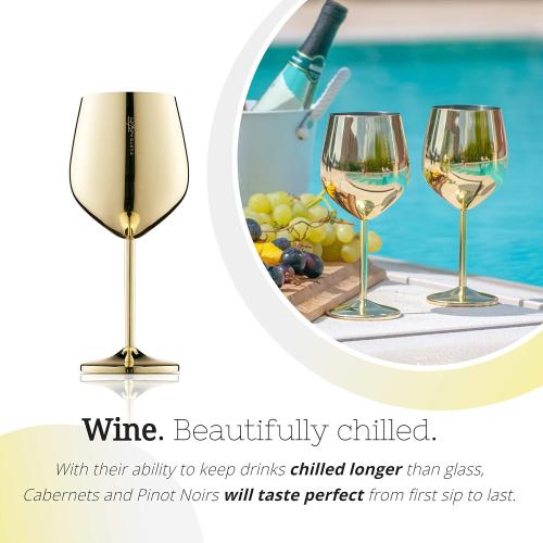 Gusto Nostro Stainless Steel Wine Glass - 18 oz Unbreakable Gold Wine Glasses for Travel, Camping and Pool - Fancy, Unique and Cute Portable Metal Wine Glass for Outdoor Events, Picnics (Set of 4)