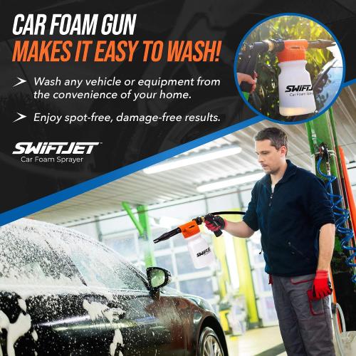 SwiftJet Car Wash Foam Gun   Microfiber Wash Mitt - Foam Cannon Works with Any Soap - Garden Hose Car Foam Sprayer - Car Wash Kit - Car Accessories Foam Blaster (Orange Foam Gun with Mitt) | No pressure washer needed, get thick soapy foam at home! Perfect for cars, rv's, boats and motorcycles