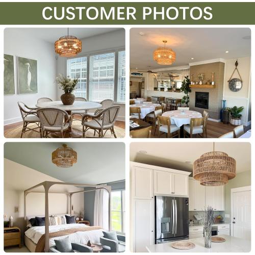 24” Boho Large Rattan Chandelier Light Fixture,6-Light Large Hand Woven Pendant Light Fixture Farmhouse Rustic Chandeliers for Kitchen Bedroom, Dining Room, Living Room, Hallway, Foyer