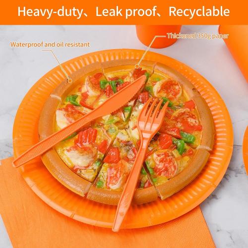 210pcs Orange Paper Plates Disposable Tableware Party Supplies- Includes 9 Dinner Plates, 7 Dessert Plates, 9oz Paper Cups, Napkins, Plastic Forks, Knives And Spoons For All Holiday Parties