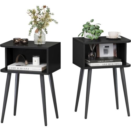Black Nightstand Set of 2, Small Bed Side Table for Small Spaces, Mid Century Modern Nightstand End Table with Open Storage, Side Table for Bedroom Living Room, MLBZ20B-2