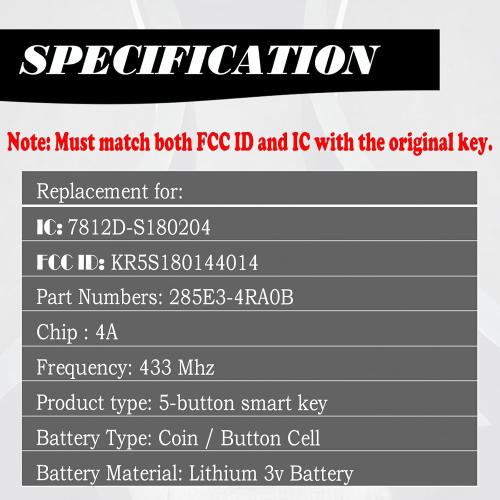 MechanMagic Remote Key Fob Replacement Fits for Nissan Altima Maxima 2016-2018 Push Start Button Keyless Entry Remote Control KR5S180144014 S180144310 5 Buttons