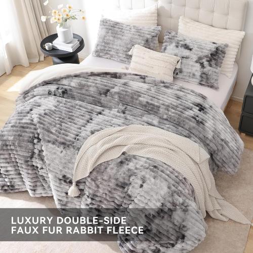 Fluffy King Size Comforter 3 PCS - Tie Dye Grey Fleece Bedding Set
