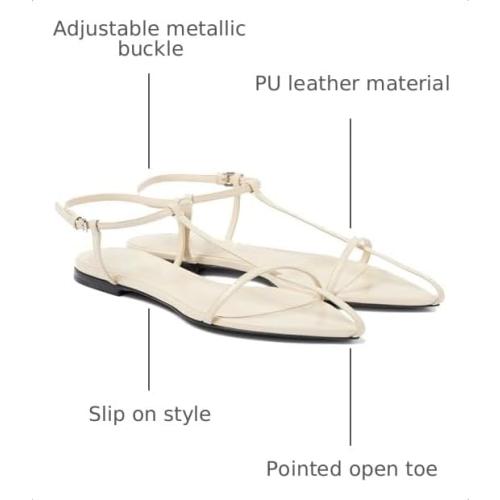 VorisVina Black Flat Sandals for Women Adjustable Metallic Buckle Ankle Strap Slide Sandals Comfortable Pointed Open Toe Slip on Sandal, 8.5