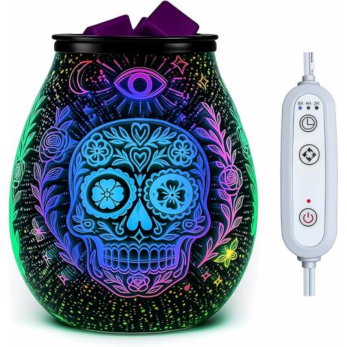 Leyoue 3D Glass Fireworks Electric Wax Melt Warmer with PTC Heating Plate 7 Colors LED Changing Light Wax Burner Melter Fragrance Warmer for Home (Skull Head)