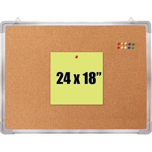 Cork Board 24x18 in, Framed Wall Hanging Bulletin Board with 10 Thumb Tacks | Thumb Tack Board, Pin Board for Wall, Corkboard Message Memo Notice Board with Hooks for Home, Office, Desk and Cubicle