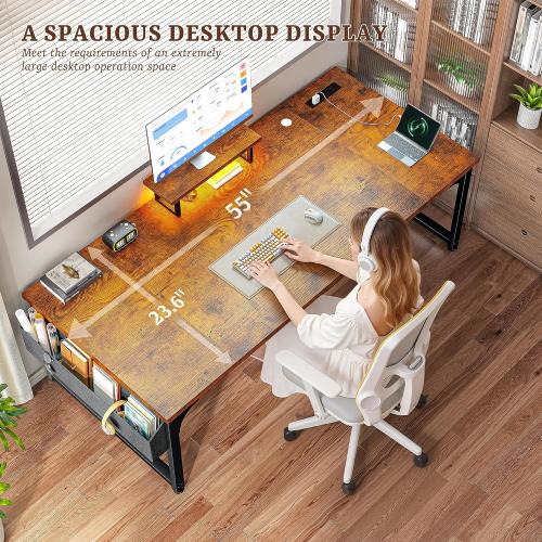 55 x 24 inch Desk with Power Outlets, Computer Desk with Monitor Stand & Light & Storage Bag, 0.95 Inch Thicker Desktop of Office Desk, Writing Desk for Home Office, Study, Bedroom, Brown