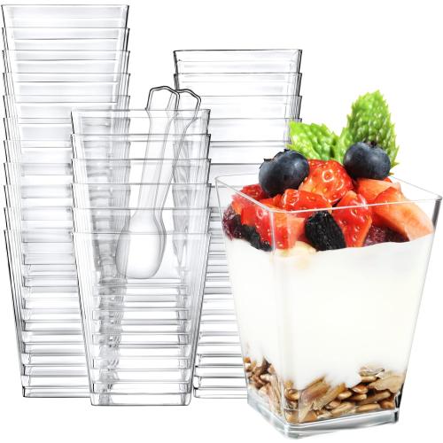 Eupako 100 Pack 5 oz Square Clear Plastic Dessert Cups with Spoons Small Clear Plastic Tumbler Cups Great for Desserts, Appetizers, Puddings, Mousse, Parfait