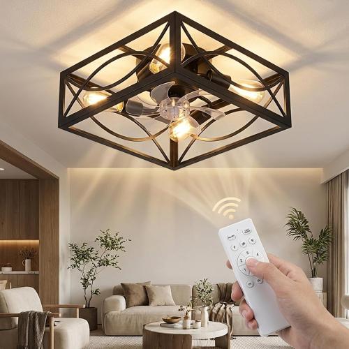 Caged Ceiling Fan with Lights: 16 Inch Small Flush Mount
