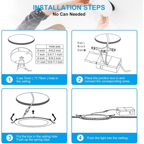 Elaruslux 6 Pack 7 Inch 3CCT Ultra-Thin LED Recessed Light with Junction Box, 3000K/4500K/6000K Selectable, 18W Eqv 125W, Dimmable Ceiling Lights 1600LM Brightness Canless Wafer Downlight