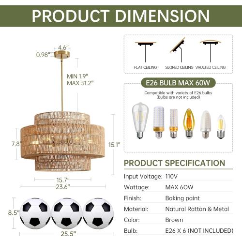 24” Boho Large Rattan Chandelier Light Fixture,6-Light Large Hand Woven Pendant Light Fixture Farmhouse Rustic Chandeliers for Kitchen Bedroom, Dining Room, Living Room, Hallway, Foyer