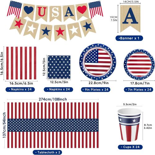 OHOME Fourth of July Decorations - Serve 24 - Patriotic Plates Tablecloth Napkins Cups Banner | 4th of July Accessories for Home Outdoor Memorial Day | America 250th Merchandise Anniversary