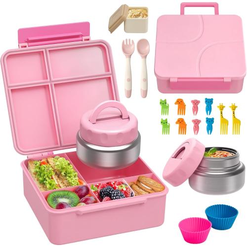 Bento Lunch Box with 9.5 oz Soup Thermo, Kids Leakproof 4 Compartments Bento Box with Silicone Cupcake,Fruit Fork,Spoon and Sauce Cup,Insulated Food Jar for School Travel-Pink