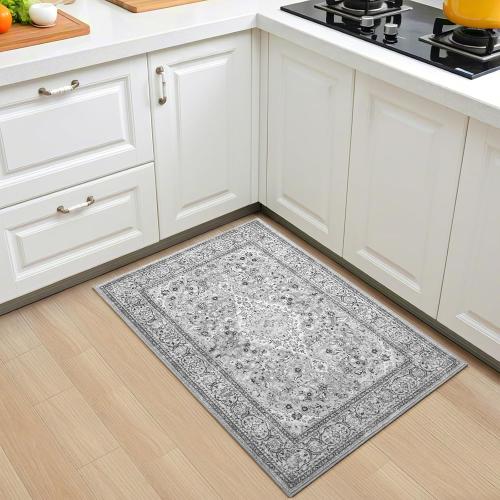 Grey Small Washable Area Rug, 2x3 Boho Vintage Entryway Rugs, Soft Non Slip Floral Door Mat, Aesthetic Low Pile Carpet for Front Door Entry Carpets Entrance Bedroom Kitchen