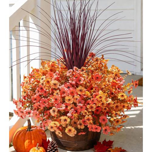 Fall Flowers Artificial Mums for Outdoors Autumn Decor, 12 Bundles Fake Fall Mums with 1 pcs Burgundy Grass UV Resistant Realistic Faux Flowers for Outside Home Porch Patio Planter Yard, Orange Yellow