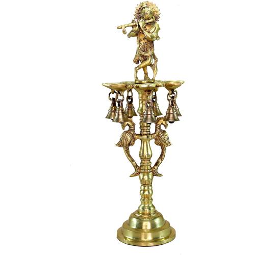 Brass Krishna Oil Lamp | Home Decor | Brass Diya Deepam Lamps | Kuthu Vilakku | Lamps for Home and Office - 16.5 Inches - Big Size